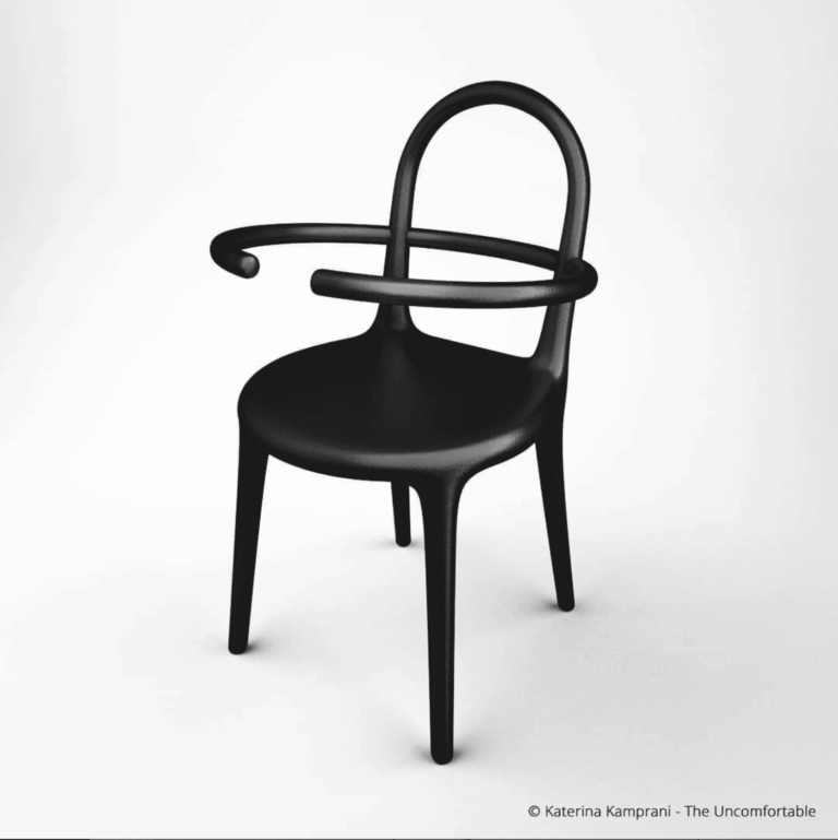 Uncomfortable UX represented by a chair with very odd support from the series "The Uncomfortable" by katerina kamprani