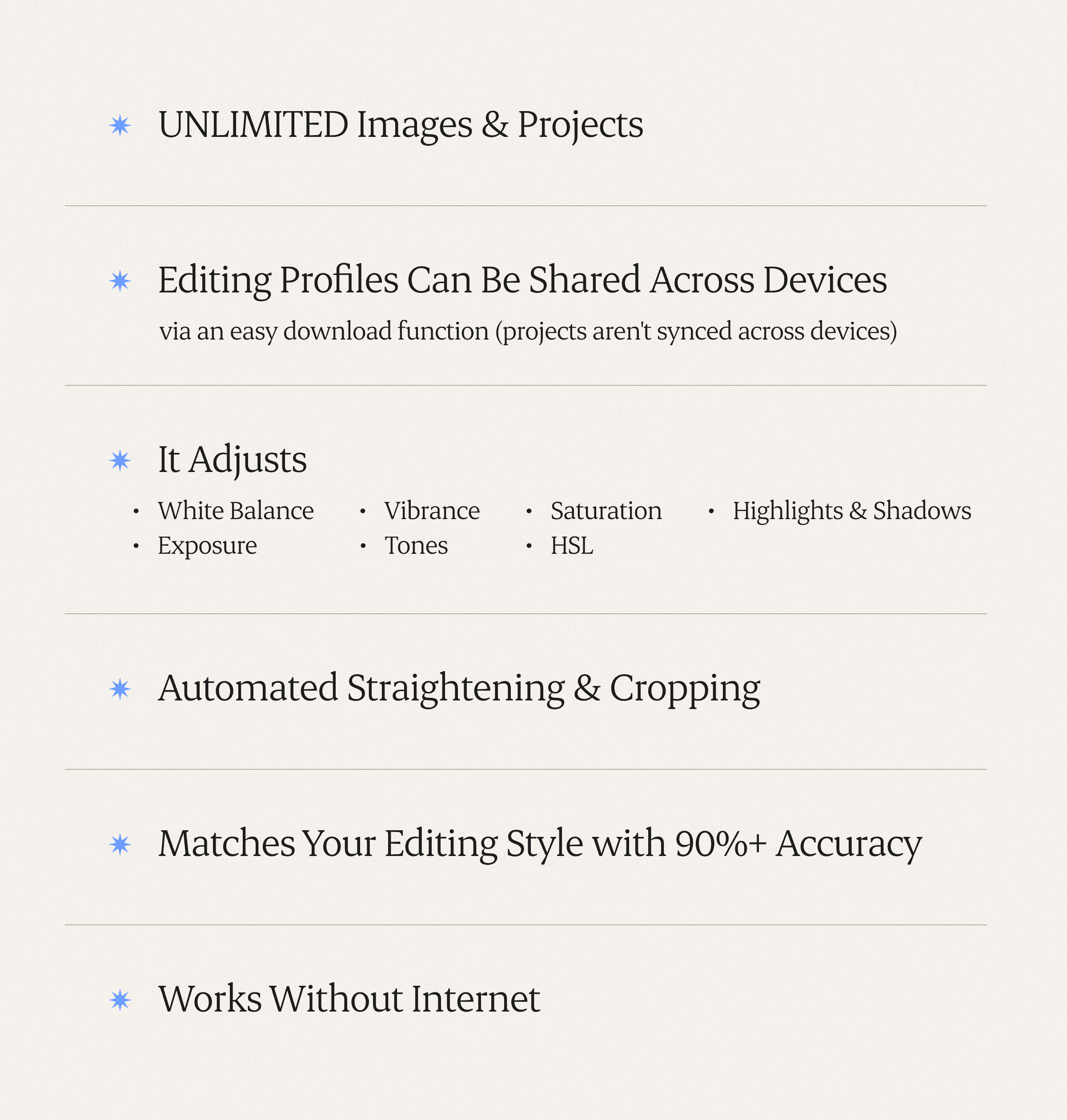 Aftershoot EDITS list of features