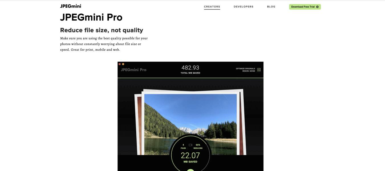 Screenshot of JPEGmini Image Compression website