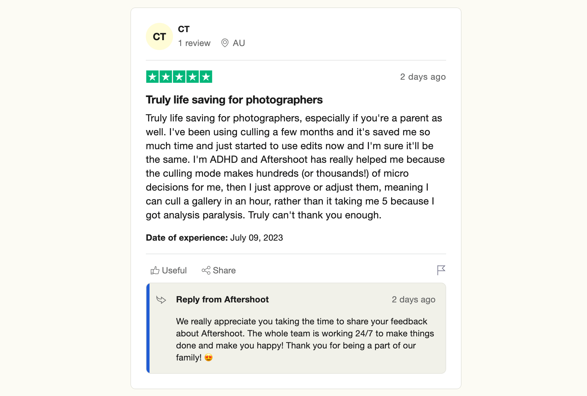 Aftershoot review from Trustpilot