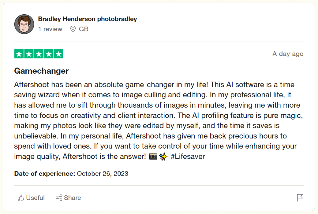 Trustpilot review of Aftershoot being a game-changer in the photography workflow