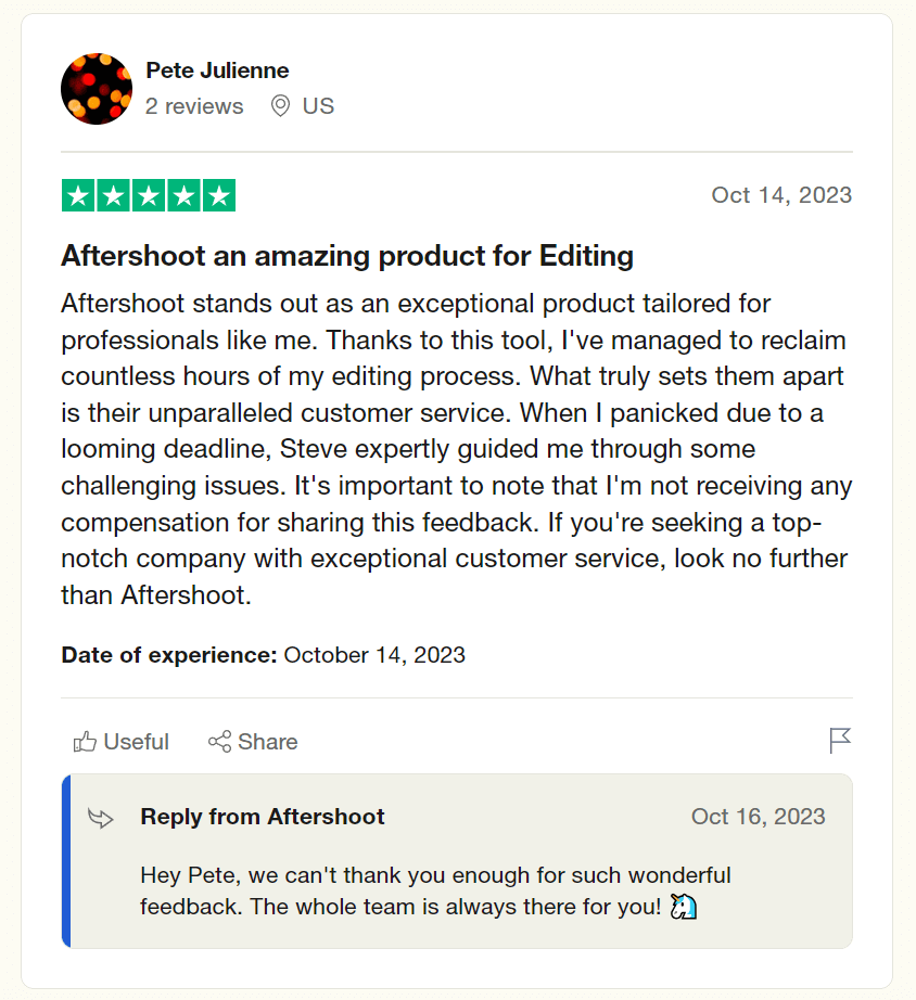 Trustpilot review of Aftershoot helping to speed up editing in the photography post processing workflow