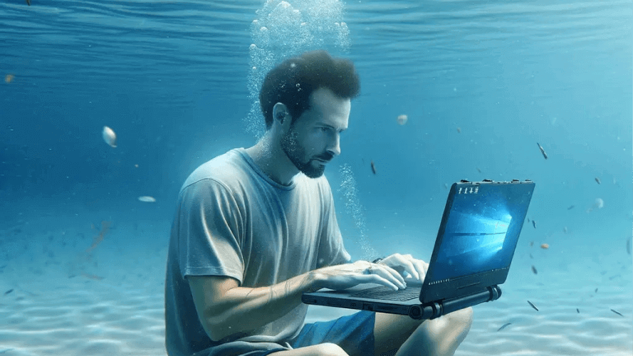 An artificially altered photograph of a man using a laptop underwater
