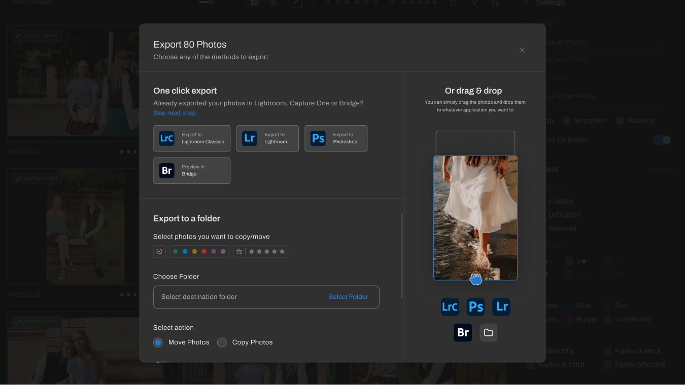 Export your edited images to the software of your choice, like Adobe Lightroom, with the new Tab Bar in Aftershoot.