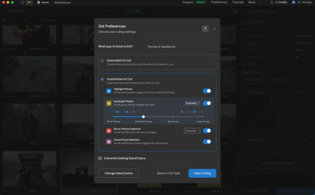 AI Culling preferences dialog box on Aftershoot: Automated AI Cull, Customized AI Cull, and more.