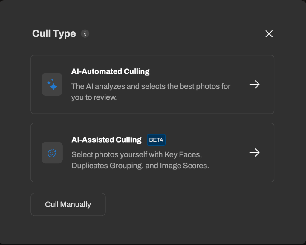 Types of AI culling available on Aftershoot: AI-Automated Culling, AI-Assisted Culling & Manual Culling