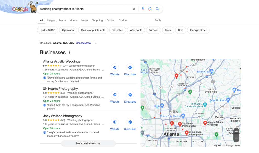 Google Search Results for "Wedding photographers in Atlanta" showing the local pack and Google maps location