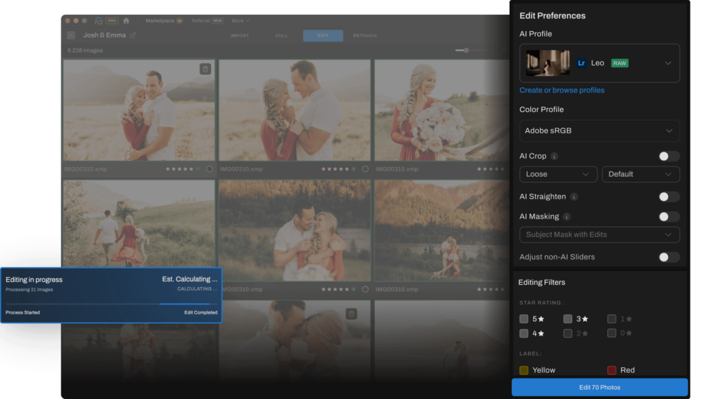 Aftershoot edit user interface to choose preferences