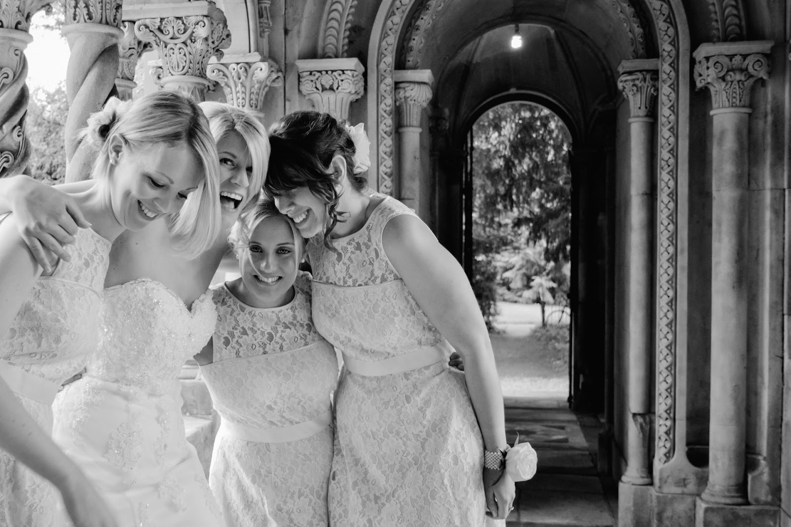 black and white bridal party photo