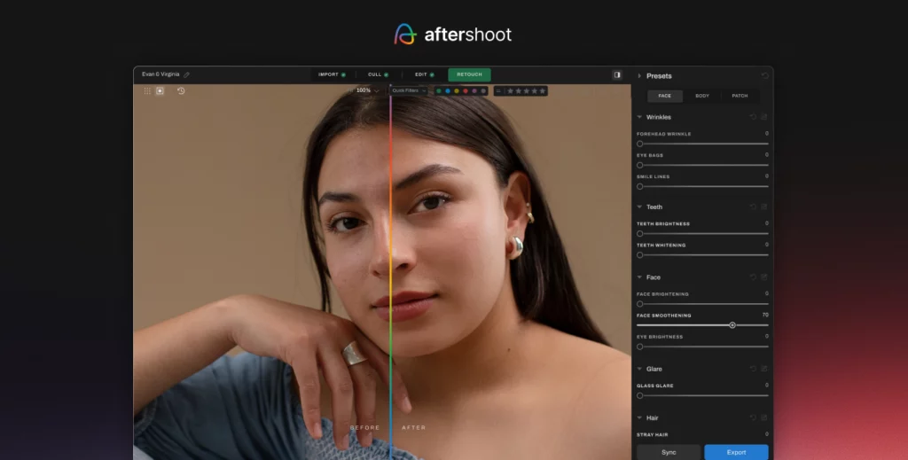 Body and skin retouching, smoothening and remove blemishes with Aftershoot Retouch