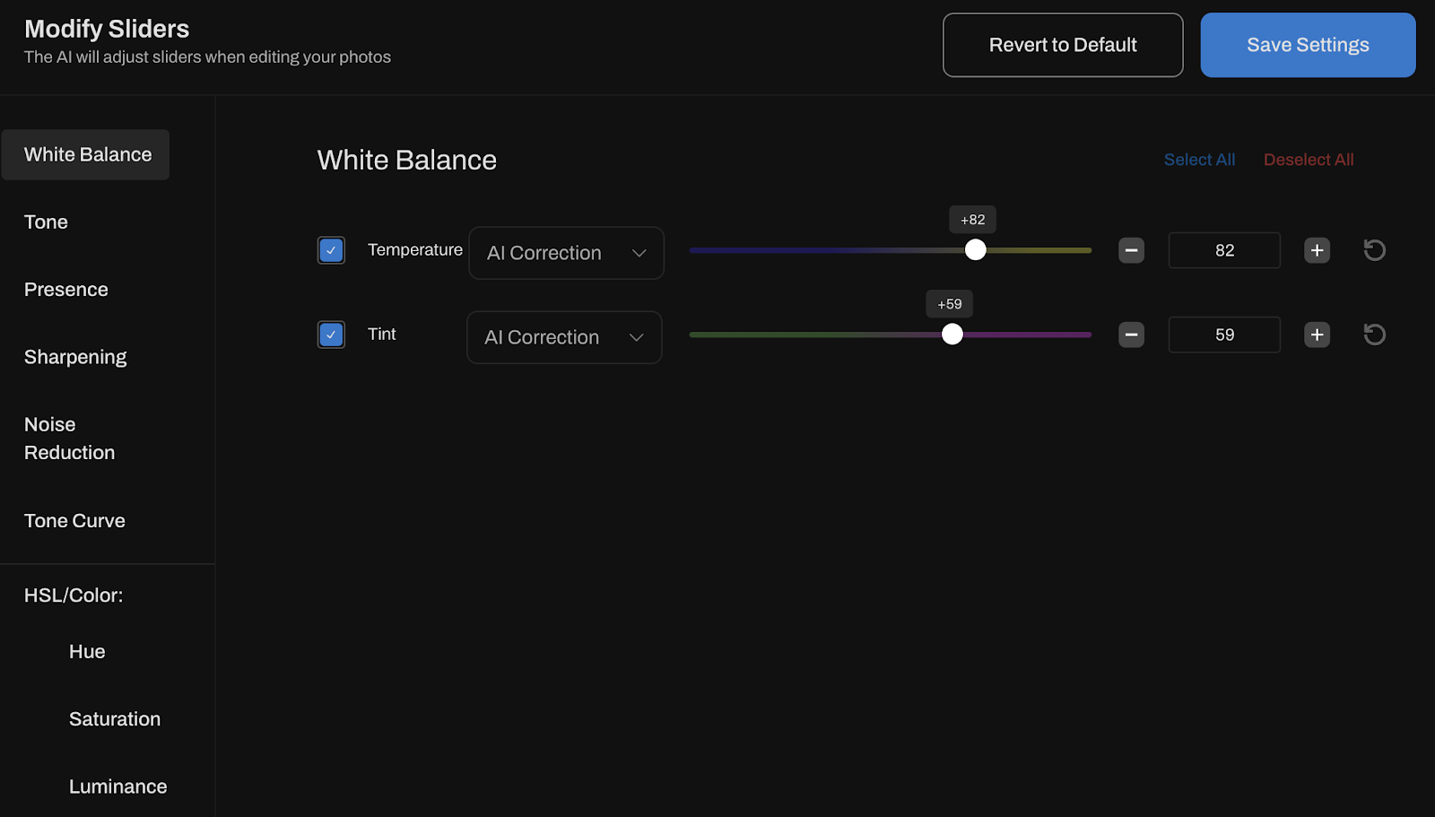 Settings to use Aftershoot Modify Sliders for AI to adjust white balance, tone etc when editing the photos