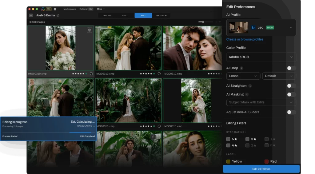 Aftershoot editing module for wedding photography