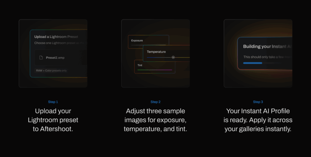 How to create Instant AI Profile:
Upload your Lightroom preset to Aftershoot.
Adjust three sample images (exposure, temperature, tint).
Your Instant AI Profile is ready. Apply it across your galleries instantly.