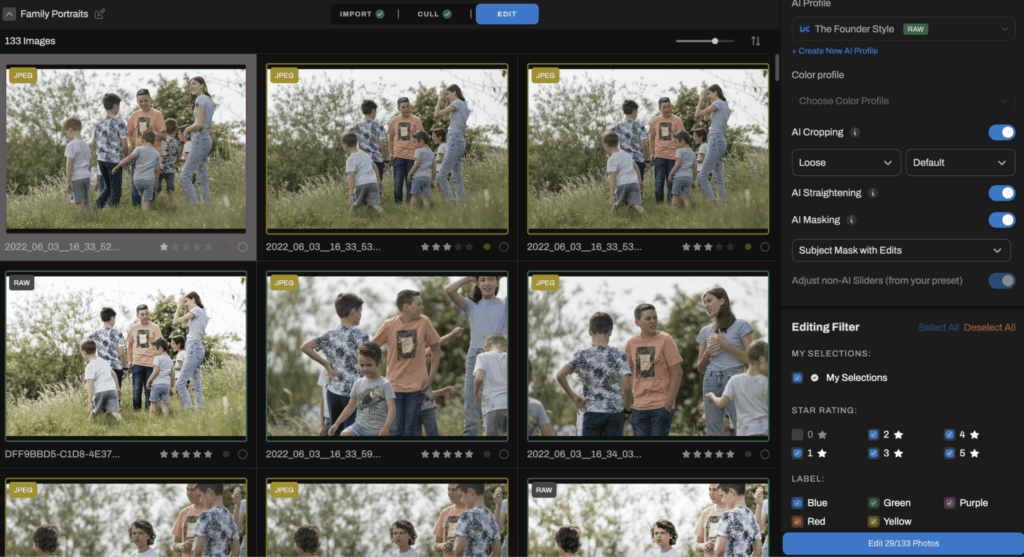 Aftershoot AI Editing filter and creating AI profile