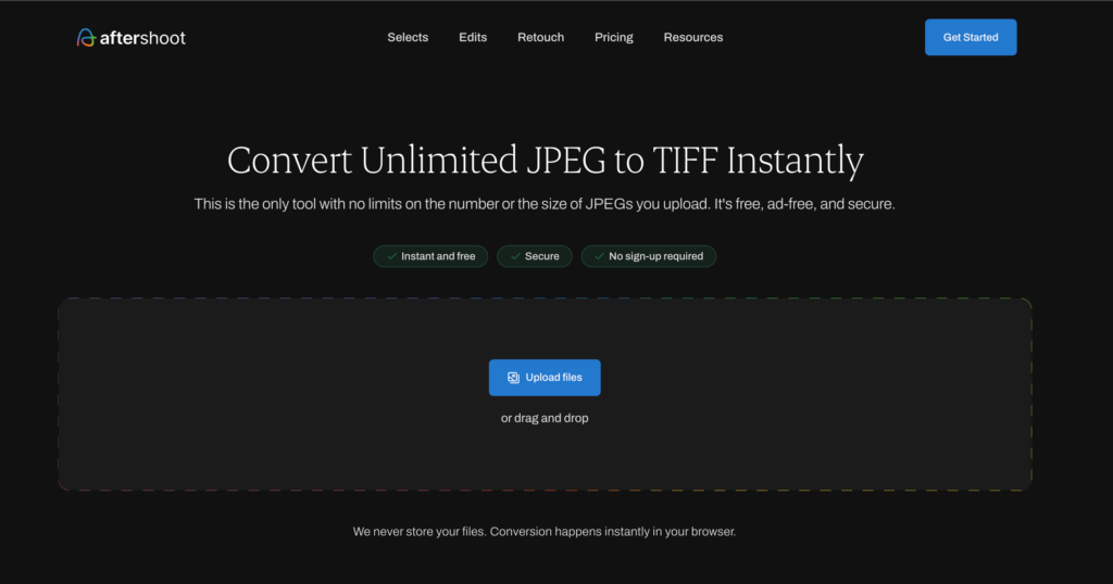  Aftershoot's JPEG to TIFF converter tool webpage