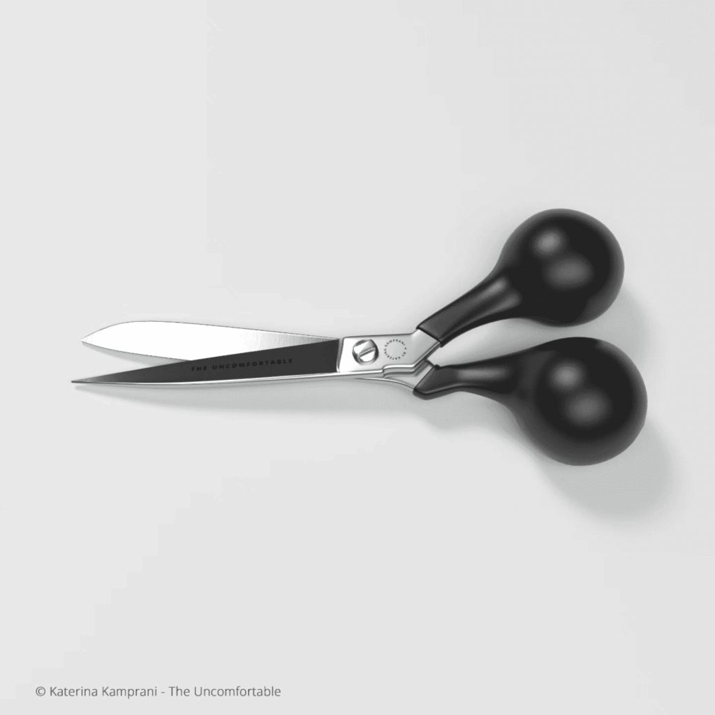 Uncomfortable UX represented by a round grip scissors from the series "The Uncomfortable" by katerina kamprani