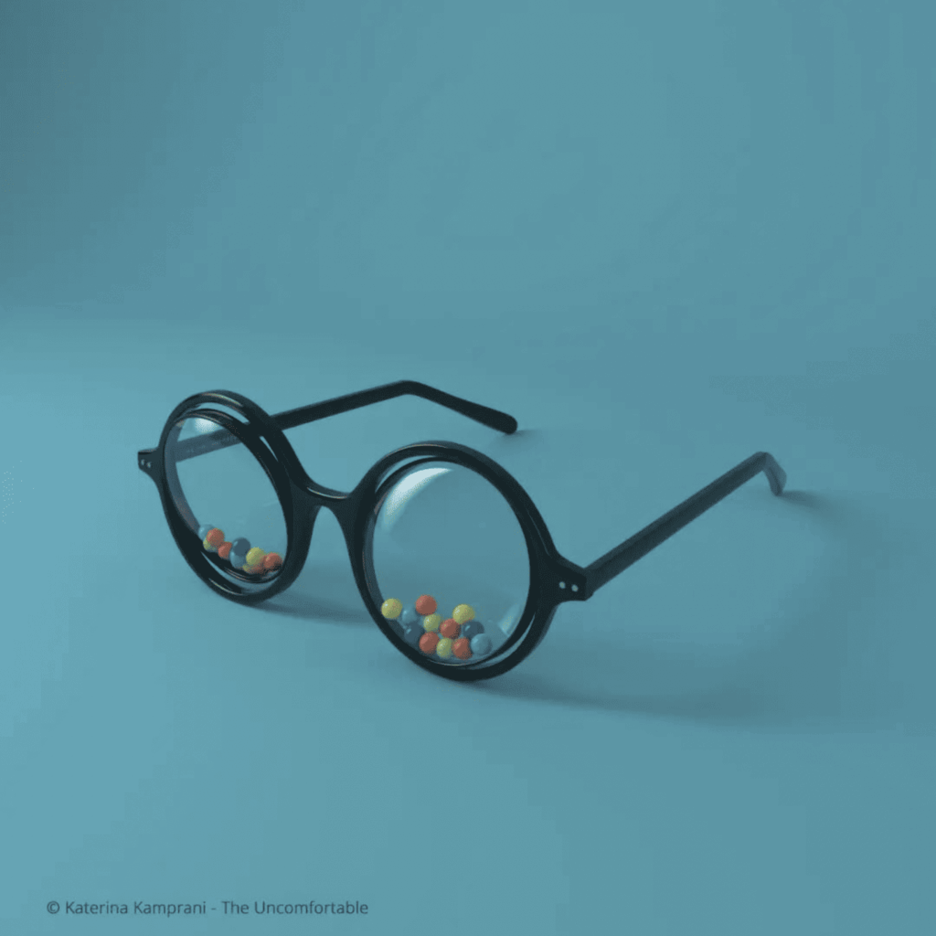 Uncomfortable UX represented by obstructed glasses from the series "The Uncomfortable" by katerina kamprani