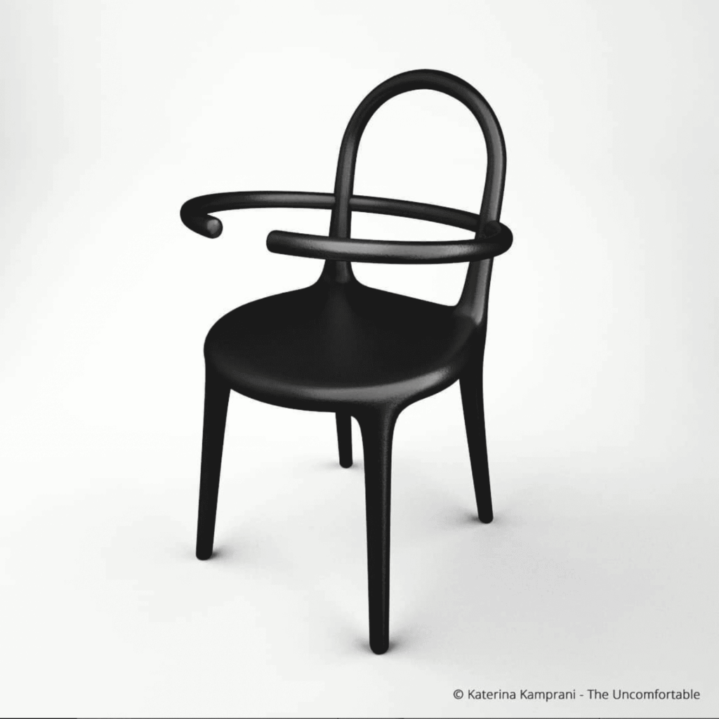 Uncomfortable UX represented by a chair with very odd support from the series "The Uncomfortable" by katerina kamprani