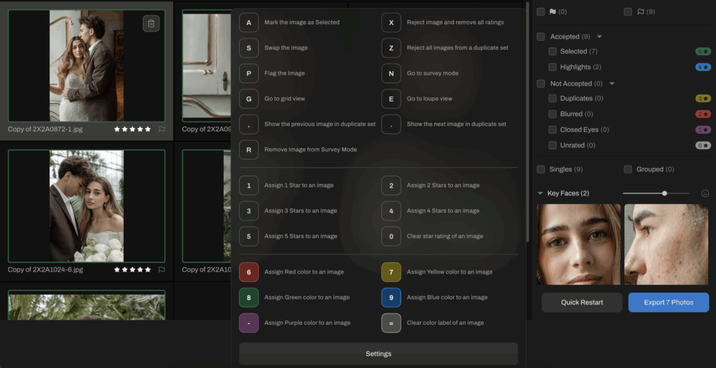 Aftershoot keyboard shortcuts