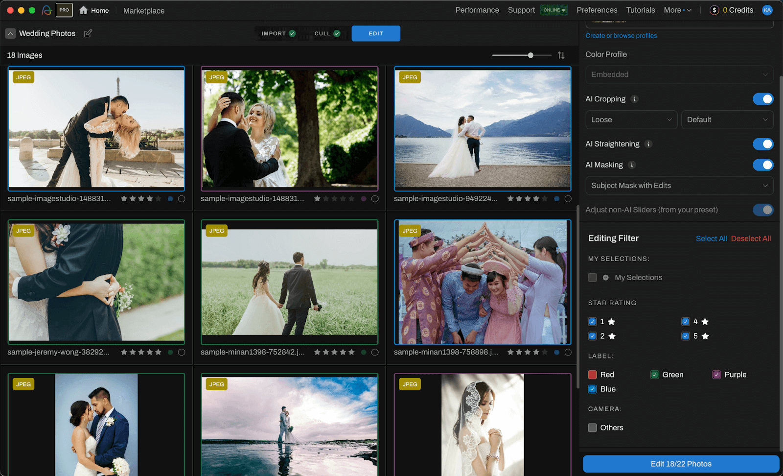 Set your editing filters and preferences
