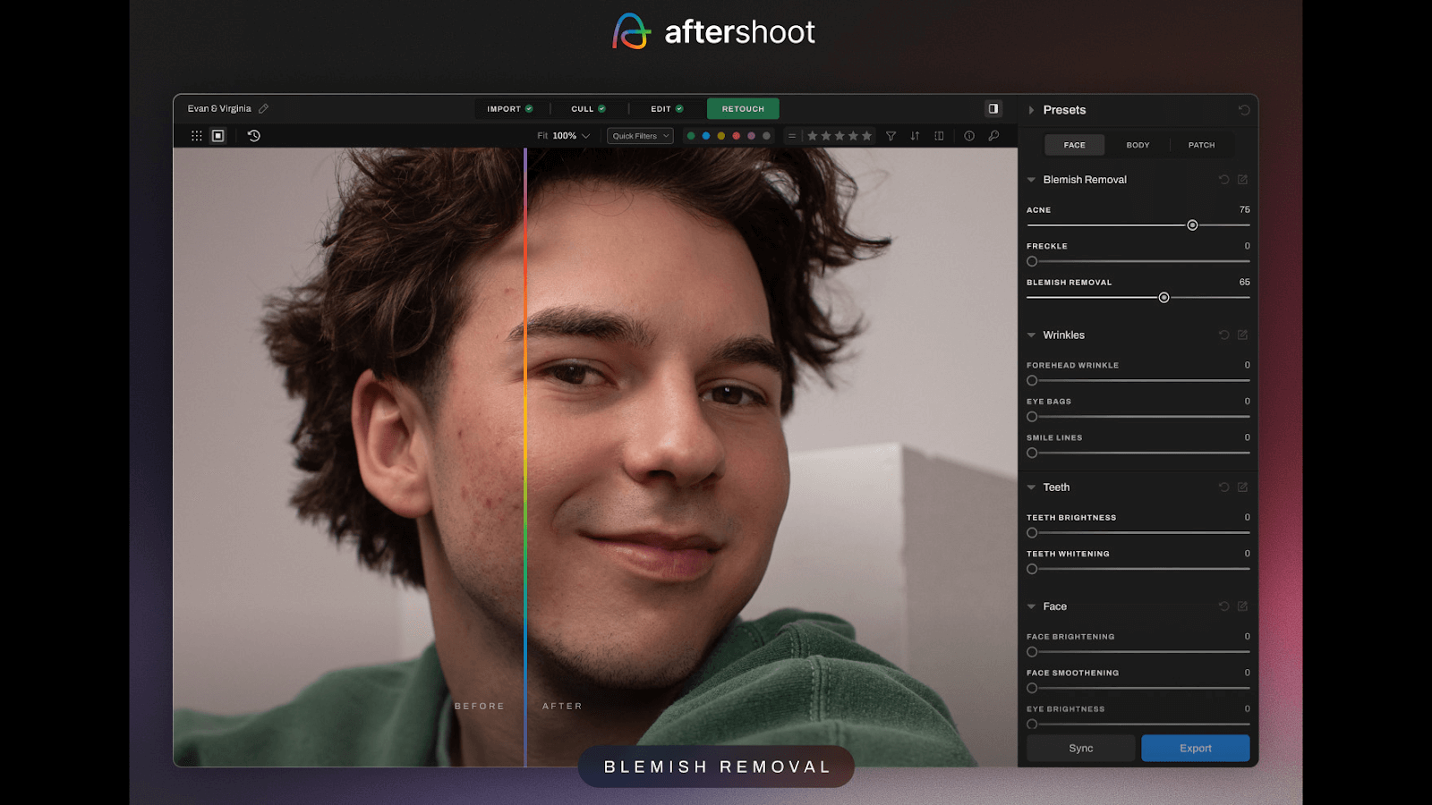 Aftershoot's AI retouching and editing software showcasing product screen for retouching a portrait