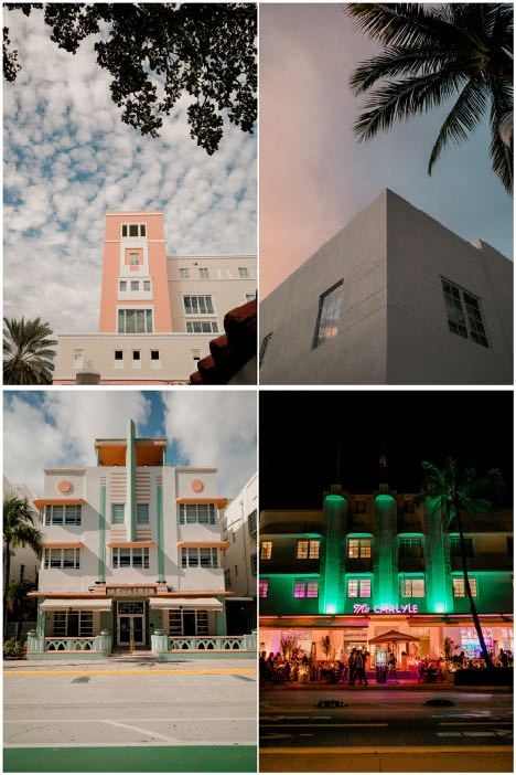 Four-photo collage showing wide-angle architecture: a pastel building against clouds, a minimalist corner with palm fronds at dusk, a symmetrical art deco façade, and a neon-lit art deco hotel at night. Shot with a 28mm lens by Esteban.