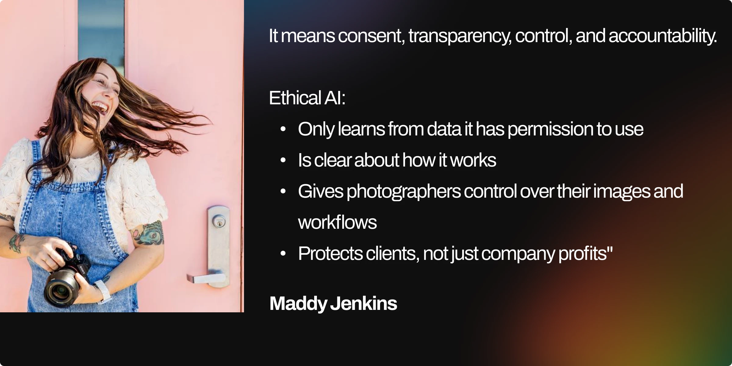 Maddy Jenkins, a Wedding and Portrait Photographer from Tampa Bay on what trust means with AI in photography related software