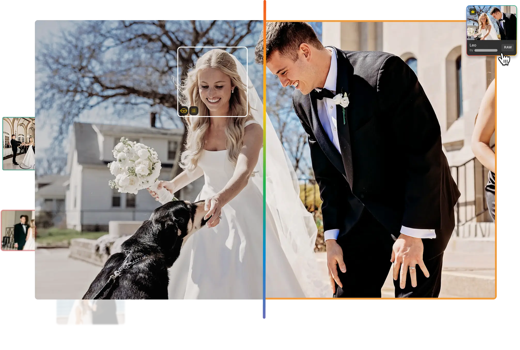 wedding couple with flower and dog