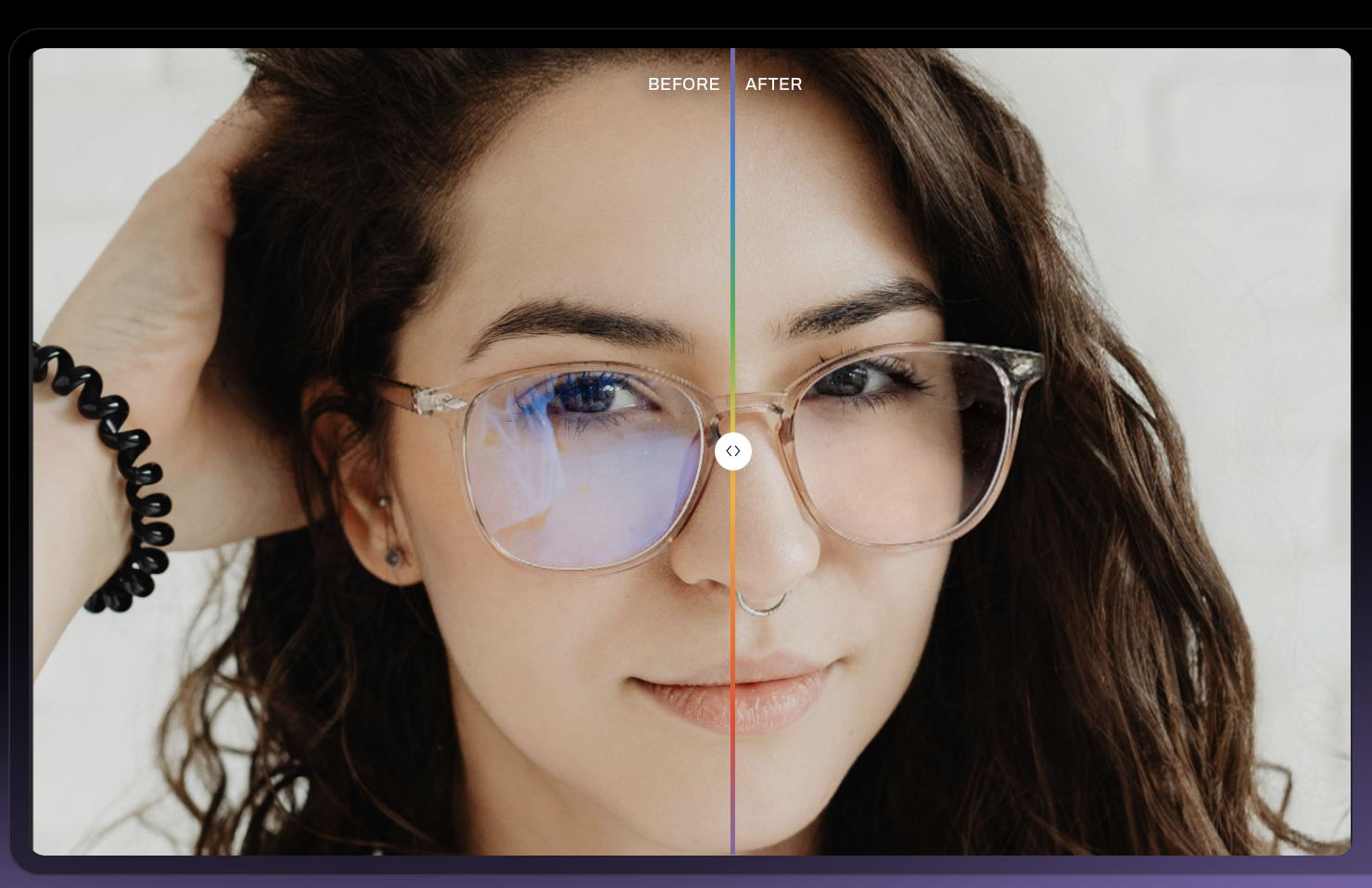 Before/After image - comparing glass glare removal, using Aftershoot Retouching Tool