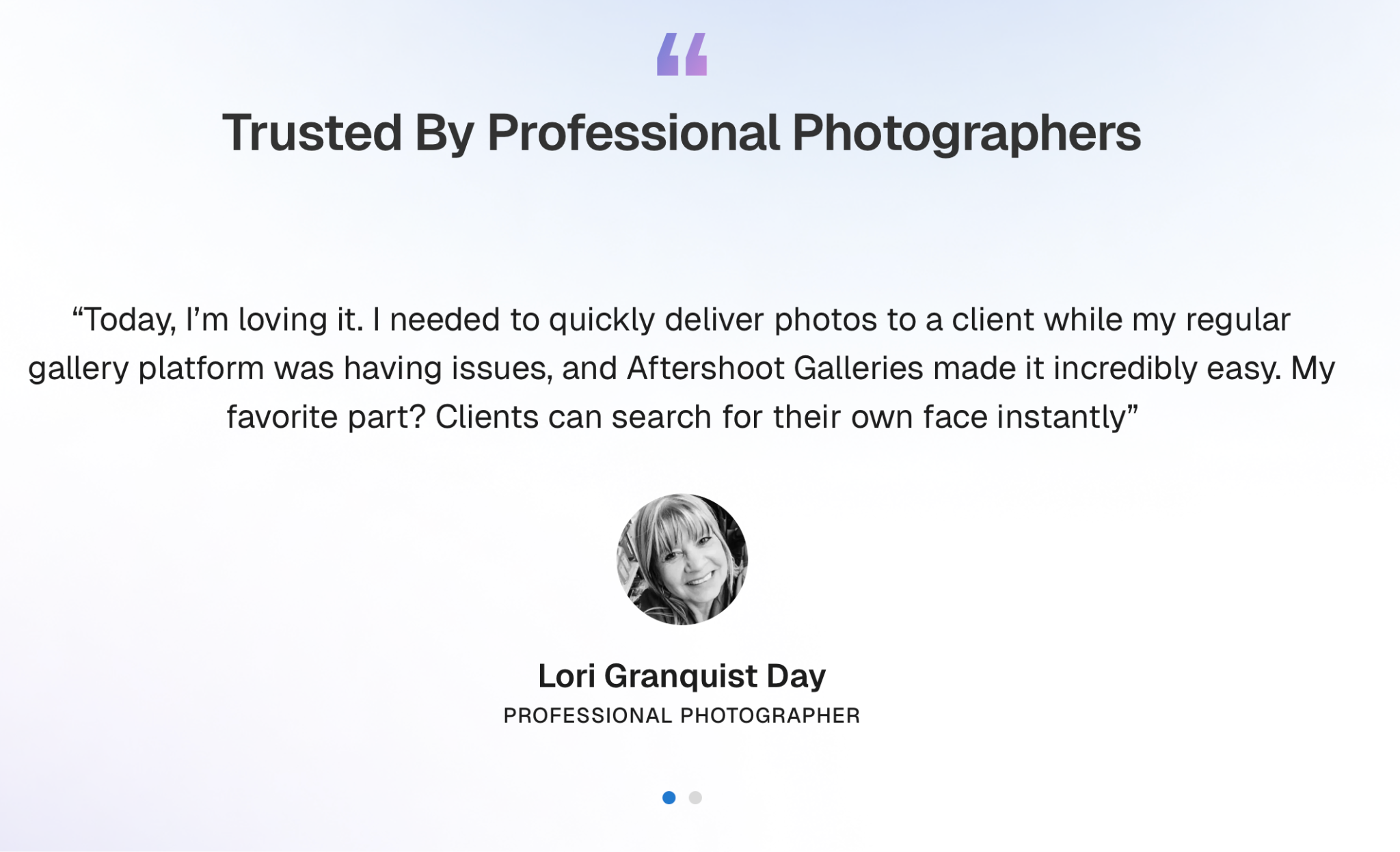 A testimonial for Aftershoot Galleries from Lori Granquist Day, a professional photopgrapher.